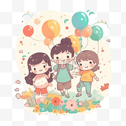 插画五彩图片_儿童节女孩卡通气球