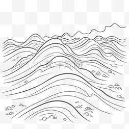 手绘插图山中波浪的场景轮廓素描