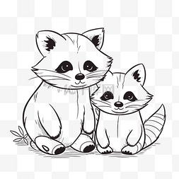 儿童线条画猫图片_两只浣熊幼崽的可爱黑白画轮廓草