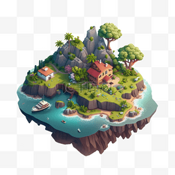 游戏浮岛图片_海上的岛屿植物树木等距风格25d游