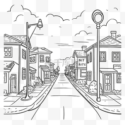 卡通小镇着色页图片人行道与建筑
