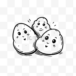 黑白轮廓素描中三个笑脸的土豆 