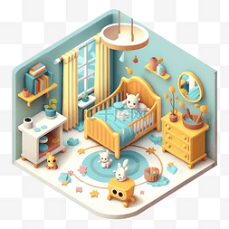 3d房间模型婴儿房黄蓝色图案
