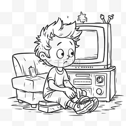 卡通男孩看电视图片_电视着色页新卡通男孩看电视轮廓