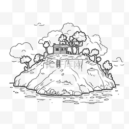游戏浮岛图片_着色书涂鸦岛房屋和树木矢量插图