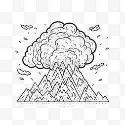 顶部有云的火山轮廓素描 向量