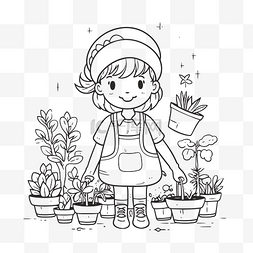 素描花盆图片_女孩与花和植物着色页与轮廓素描