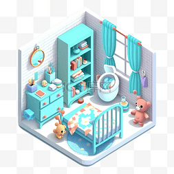 3d房间模型婴儿房蓝色亮眼图案