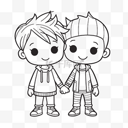 logo头型图片_卡通两个男孩牵手着色页轮廓素描