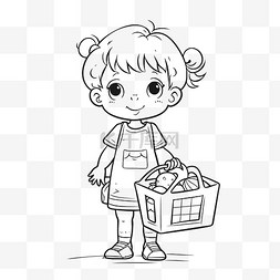 可爱的卡通小女孩拿着购物袋着色