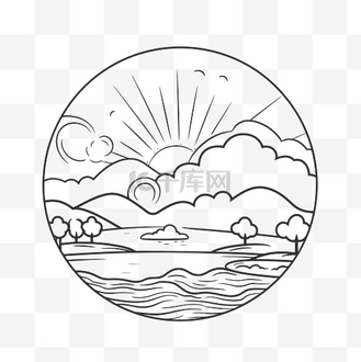 风景和日出轮廓图的黑白素描 向量