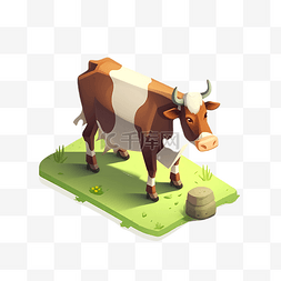 创意牛头图片_奶牛草地多边形卡通立体3d模型