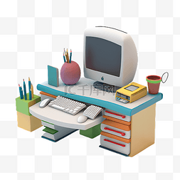 桌面办公用品图片_办公桌电脑可爱卡通插画