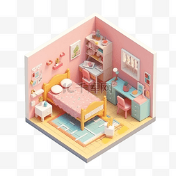 平面图家具图片_女孩房间装修床粉色