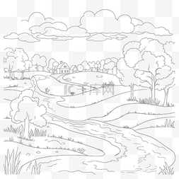 艺术风景图片_带有河流和农场轮廓草图的水彩风