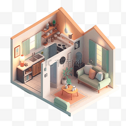 住宅内部模型图片_客厅厨房房间插画