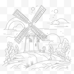 风车白图片_用黑白轮廓草图绘制的风车着色页