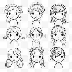 八个不同的女孩头发轮廓素描 向