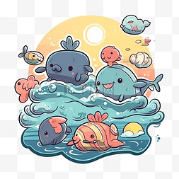 海洋日海豚与海浪插画