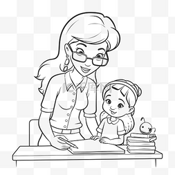 老师线稿图片_女人和她的女儿在办公桌前涂色轮