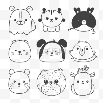 卡哇伊动物卡通设计着色页页面设置矢量插图隔离在白色轮廓素描图上