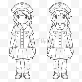 穿着制服走路和站立的年轻女孩着色页轮廓素描 向量