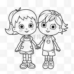 两个小女孩素描图片_两个小女孩牵着手着色页轮廓素描