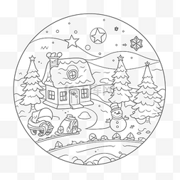 线条雪人图片_圣诞屋着色页与雪人和雪橇在顶部