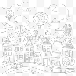 热气球线描图片_热气球在街道上飞翔的小镇轮廓草