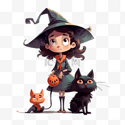 女巫师图片_万圣节女巫与猫可爱插画
