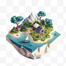 游戏浮岛图片_海上的岛屿船风景树叶等距风格25d