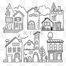 白墙黑瓦房子图片_涂鸦卡通房子着色页股票轮廓素描