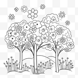 春天的树木素描着色页儿童轮廓图