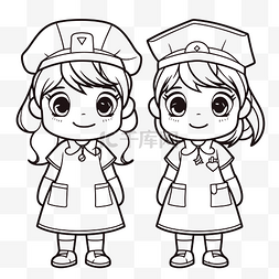 两个卡通女护士着色页轮廓素描 