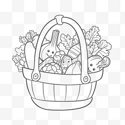 蔬菜篮子线条图片_装满蔬菜的篮子着色页轮廓素描 