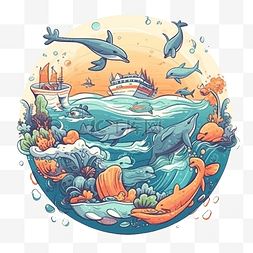 海豚水图片_海洋日海洋生物环保插画