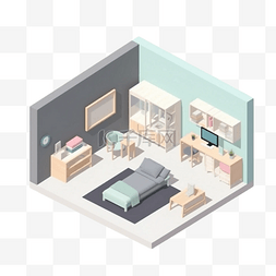 公寓建筑图片_3d房间模型粉蓝色墙立体