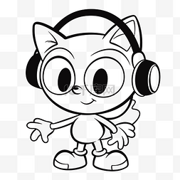戴耳机的猫图片_声波猫戴着耳机着色页轮廓素描 