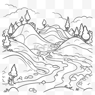 打印耗材图片素材_着色页 风景 山谷 可打印着色页 轮廓素描 向量