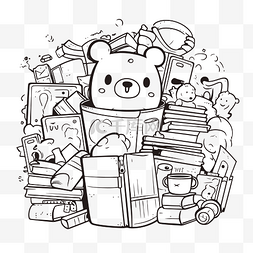 书中的熊与玩具轮廓素描 向量