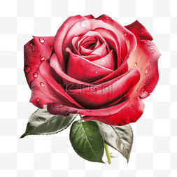 红色植物花朵绿叶图片_玫瑰花露珠插画透明