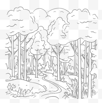 树林素描图片素材_林地着色页轮廓素描 向量