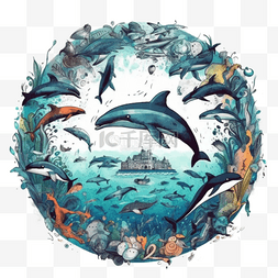 海洋日海豚海水蓝色插画