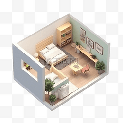 3d房间模型灰色绿色床立体