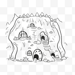 山上洞穴图片_着色页与山上的幻想房子轮廓素描