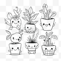素描花盆图片_一套可爱的植物和花盆轮廓素描 