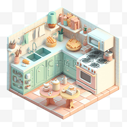 厨房带水槽场景图片_厨具美食厨房等距风格