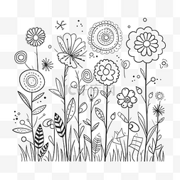 黑白素描花卉图片_花朵轮廓素描的黑白着色页 向量