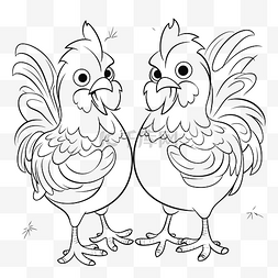 两只公鸡着色页轮廓素描 向量