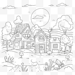 美丽的卡通村庄着色页与房子和树